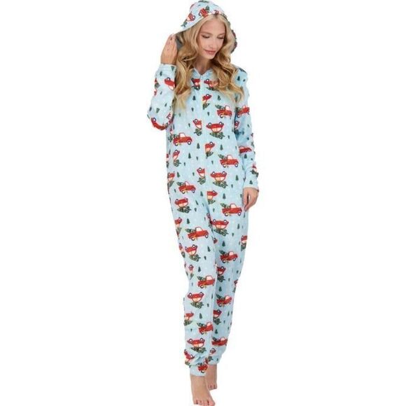 woman’s s/m fleece pajamas Christmas PRINTED HOLIDAY ONE-PIECE HOODED - Picture 5 of 9